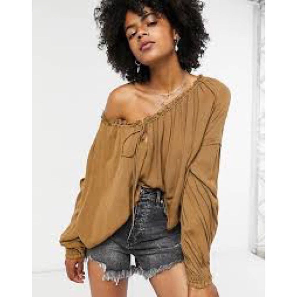 Free People Banda volume sleeve blouse in gold Womens S Tie Neck Gauze Elastic